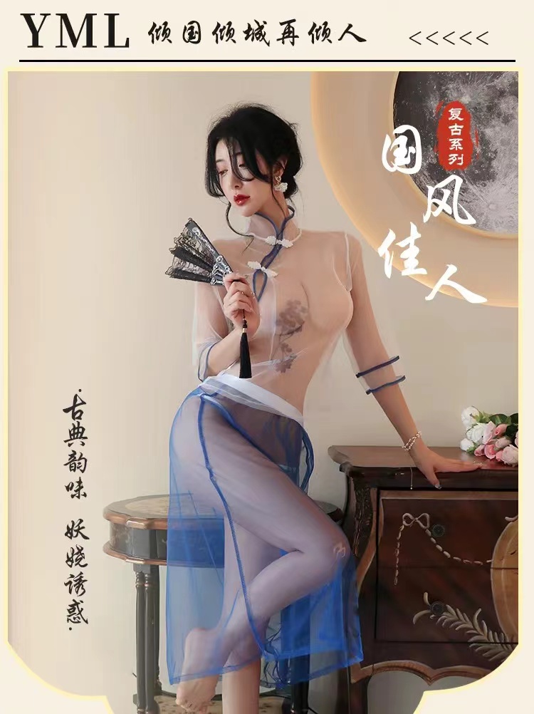 复古旗袍性感睡衣女纯级感印花民国长裙汉服制服套装(图1)