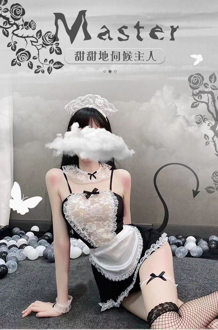 性感情趣内衣制服纯欲女佣套装可吃奶免脱透明蕾丝发箍女仆围裙(图9)