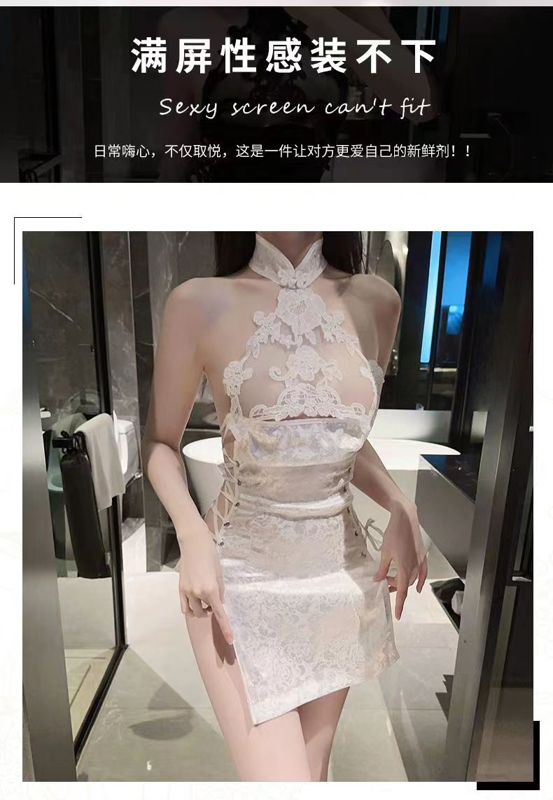 情趣内衣古典旗袍性感制服镂空诱惑激情蕾丝高开叉免脱女睡衣套装(图3)