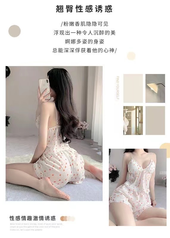 性感情趣内衣纯欲睡衣女夏吊带短裤碎花家居服甜美可爱胸垫两件套(图3)