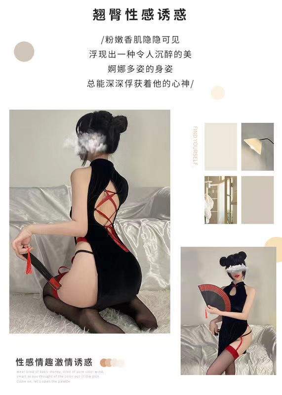 情趣内衣复古女性感火辣高开叉旗袍镂空后绑带露乳诱惑制服骚套装(图3)