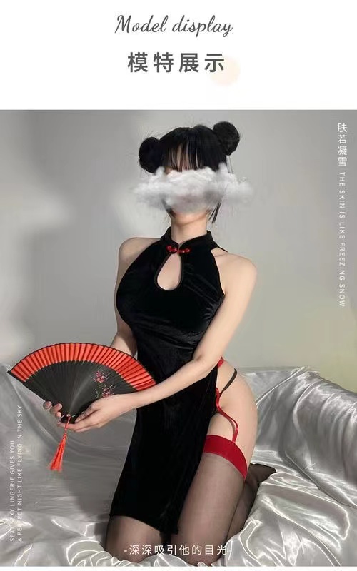 情趣内衣复古女性感火辣高开叉旗袍镂空后绑带露乳诱惑制服骚套装(图4)