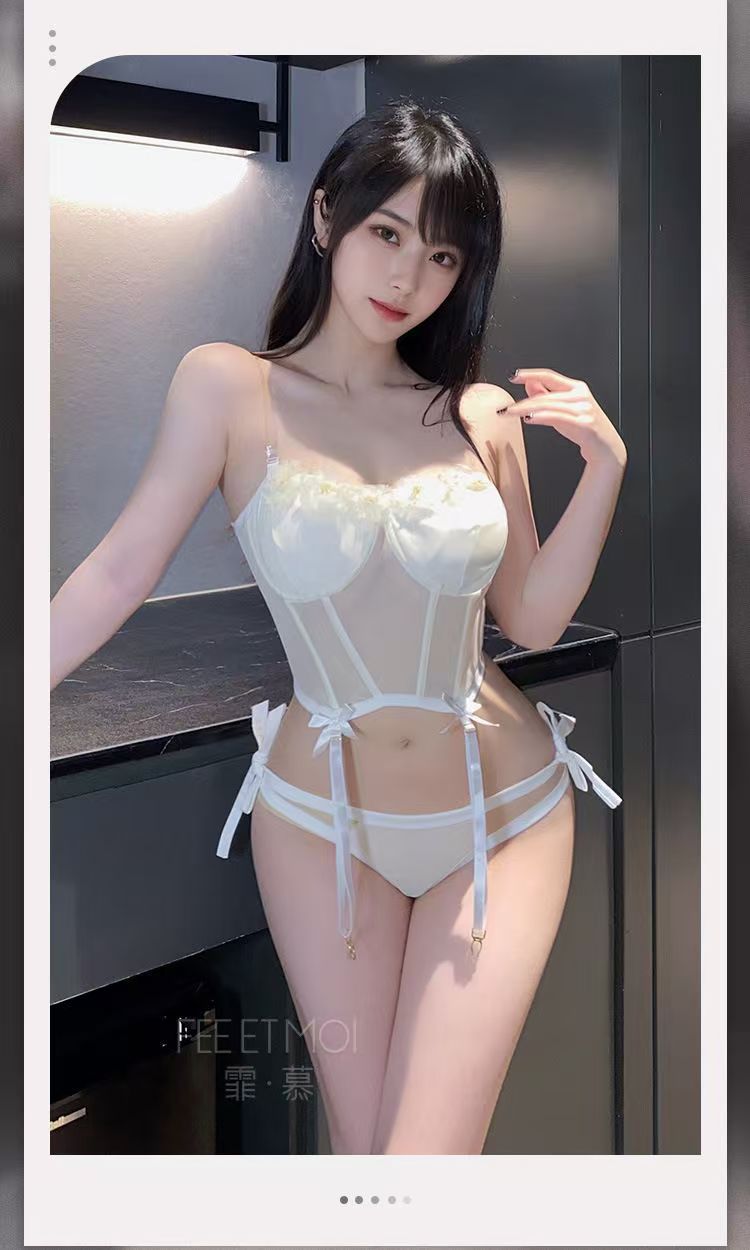 花朵饰胸钢圈马甲套装情趣内衣性感镂空露臀制服(图3)