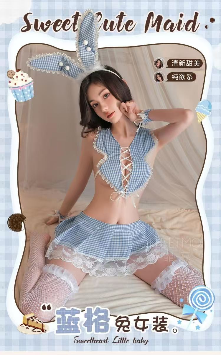 女仆情趣内衣制服清新诱惑格纹可爱衣服女佣激情绑带套装性感挑逗(图2)