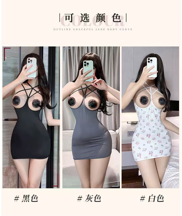 霏慕织带束缚全乳露臀吊带连衣睡裙情趣内衣性感裸背(图5)